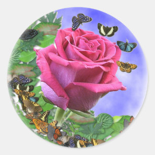 Rosa Rose und Schmetterlinge Runder Aufkleber