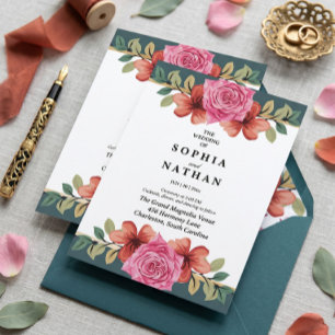 Rosa Rose und Türkis Florale Hochzeitseinladung Einladung