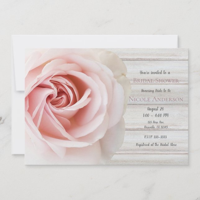 Rosa Rose und Weißholz Shabby Chic Brautparty Einladung (Vorderseite)