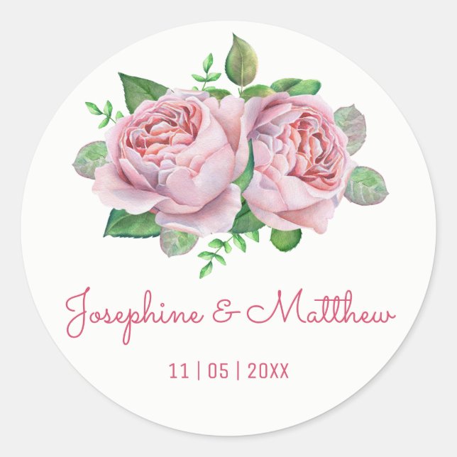Rosa Rose Wasserfarbe Hochzeitskleber Runder Aufkleber (Vorderseite)
