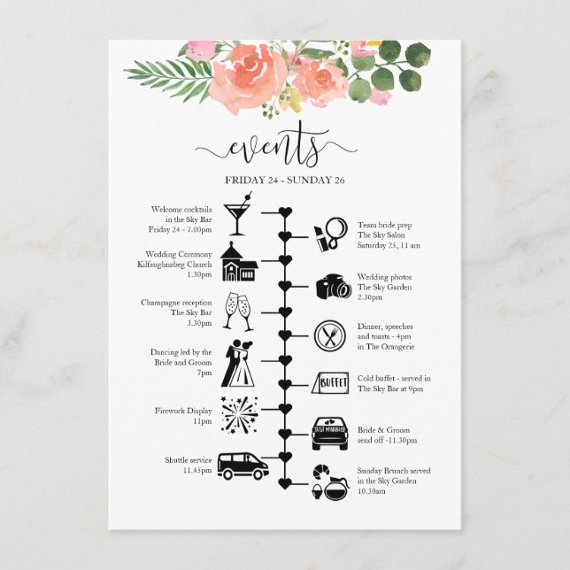 Rosa Rose Wedding Gast Tour Illustriert Hinweiskarte (Vorderseite)