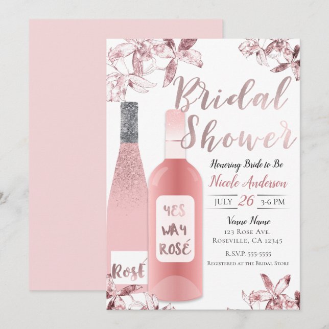 Rosa Rosè Wine & Blume Orchid Brautparty Einladung (Vorne/Hinten)