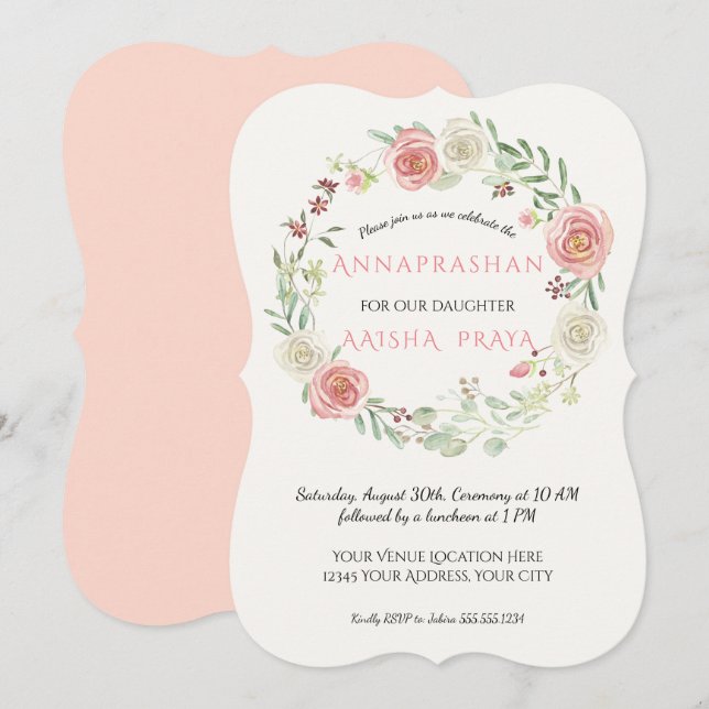 Rosa-Rose-Wreath Annaprashan-Baby-Girl Einladung (Vorne/Hinten)