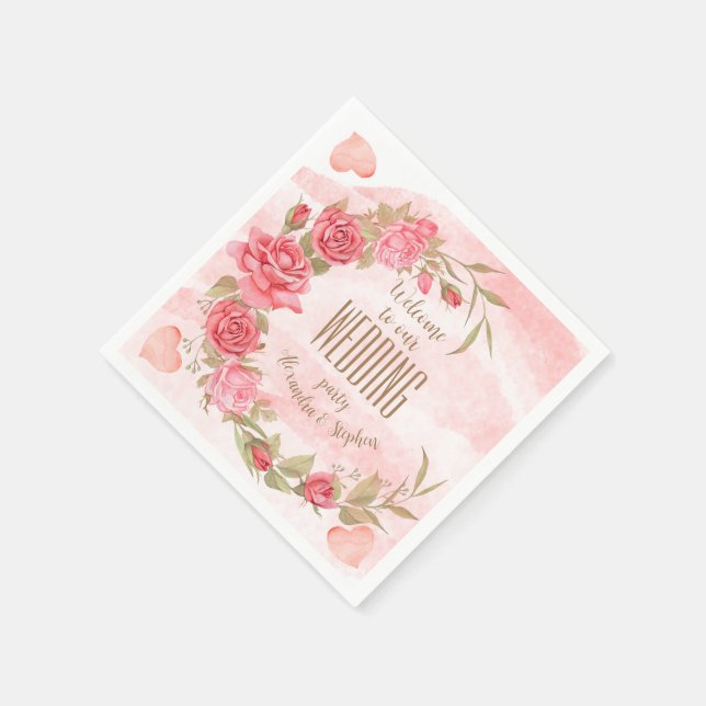 Rosa Rose Wreath Personalisiertes Hochzeitstorch P Serviette (Ecke)