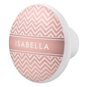 Rosa Roségold Chevron-Muster mit Monogramm-Namen Keramikknauf