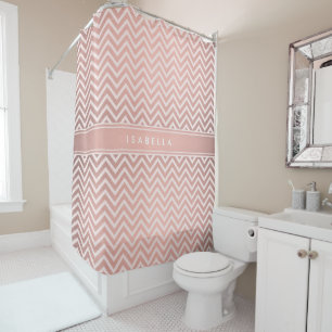 Rosa Roségold-Chevron-Muster mit Monogramm und Nam Duschvorhang