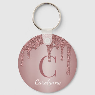 Rosa Roségold-Faux-Glitter-Tropf Monogramm Schlüsselanhänger