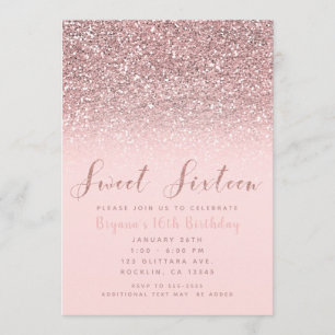 Rosa Roségold Glitter Funkeln Süße 16 Party Einladung