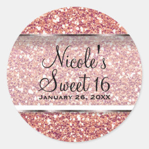 Rosa Roségold Glitter Glam Süße 16 Partygeschenke Runder Aufkleber