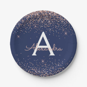 Rosa Roségold Glitter Navy Blau Monogramm Geburtst Pappteller