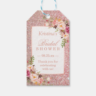 Rosa Roségold Glitterndes Florales Hochzeitsdusche Geschenkanhänger