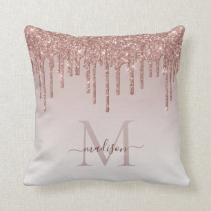 Rosa Roségold Glittertropfen Glam Monogramm Schrif Kissen