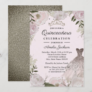 Rosa Roségold Glitzerkleid Floral Quinceanera Einladung