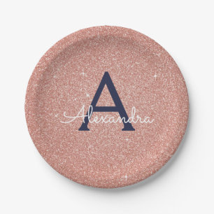 Rosa Roségold Marineblau Glitter Glanz Monogramm Pappteller