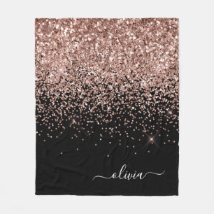Rosa Roségold Schwarz Glitter Monogramm Name Fleecedecke