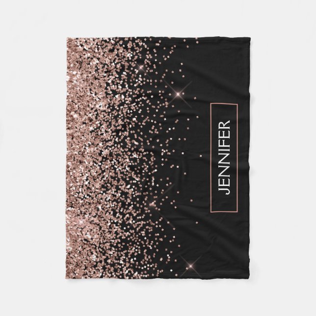 Rosa Roségold-Schwarzer Glitter-Monogramm-Name Fleecedecke (Vorderseite)