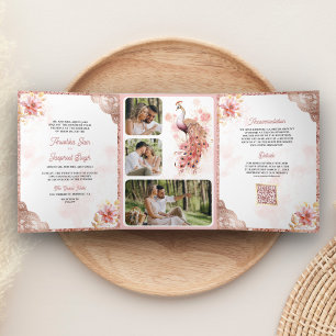 Rosa Roségold-Spitze Floral Indischer Pfau Hochzei Dreifach Gefaltete Einladung