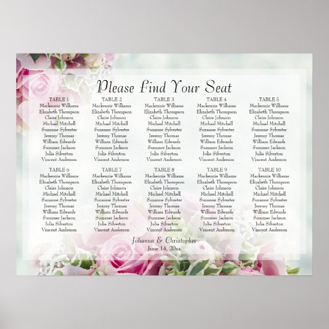 Rosa Rosen 10 Tabelle Hochzeitskarte Poster (Vorne)