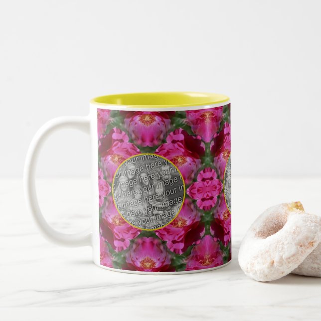 Rosa Rosen Abstrakter Rahmen Blütenbilder hinzufüg Zweifarbige Tasse (Mit Donut)