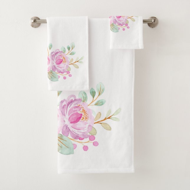 Rosa Rosen Aquarellfarben auf weißem Badetuch Set (Insitu)
