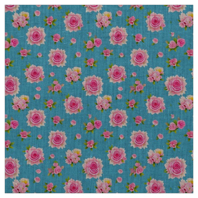 Rosa Rosen auf blauem Hintergrund Stoff (Muster)