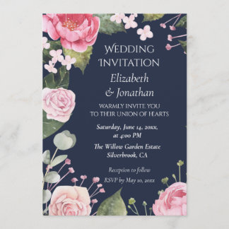 Rosa Rosen auf blauer anpassbarer Hochzeitseinladu Einladung