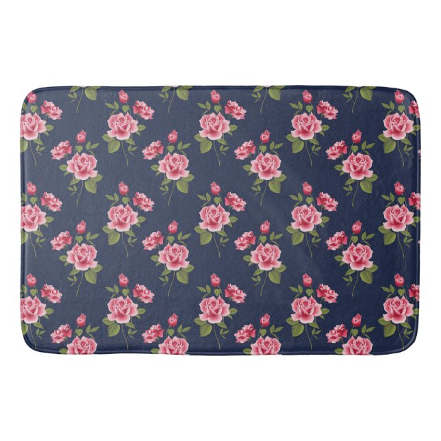 Rosa Rosen auf Navy Blue, Shabby, große Badematte (Vorderseite)