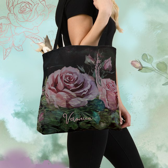 Rosa Rosen auf schwarz Tasche (Pink Roses on Black Tote Bag)