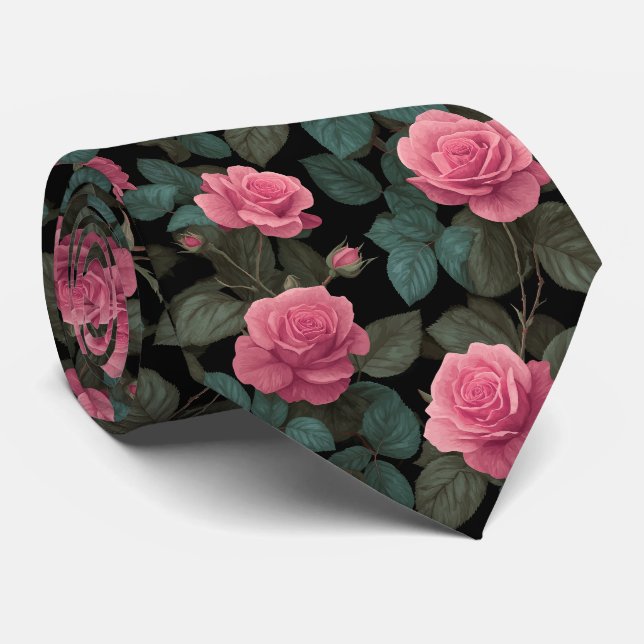 Rosa Rosen auf schwarzem Blumenmuster Krawatte (Gerollt)