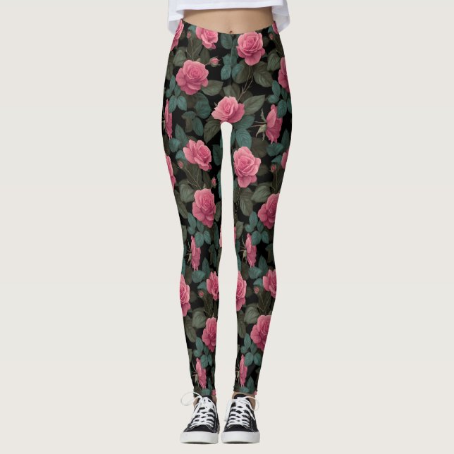 Rosa Rosen auf schwarzem Blumenmuster Leggings (Vorderseite)