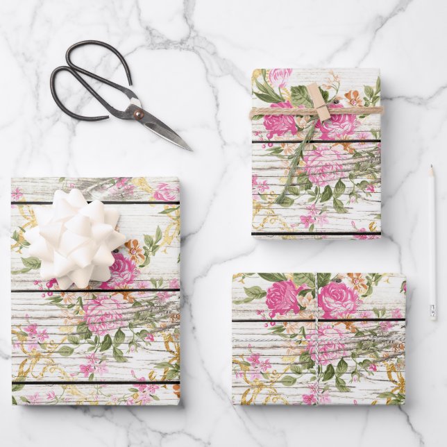 Rosa Rosen auf weißer Tafel Geschenkpapier Set (Vorderseite)