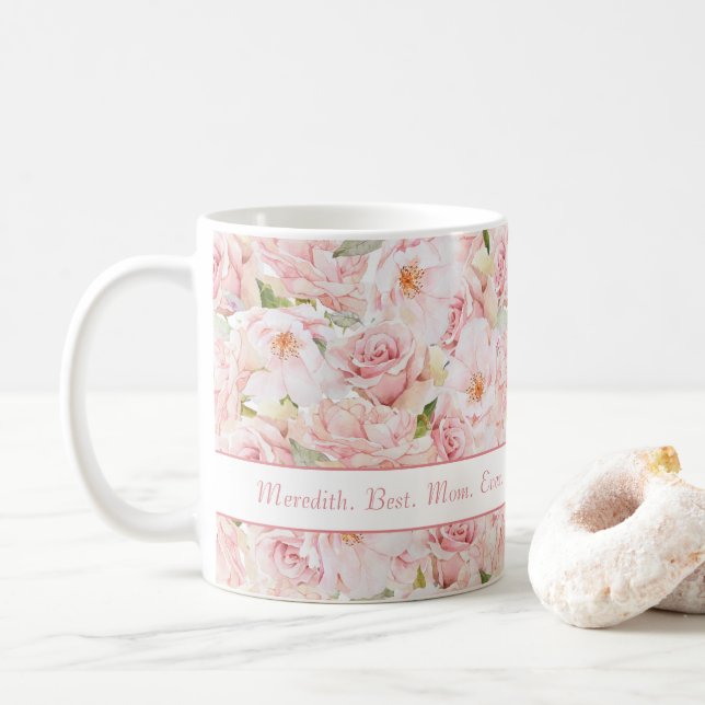 Rosa Rosen Beste Mama je Coffee Tasse genannt (Mit Donut)