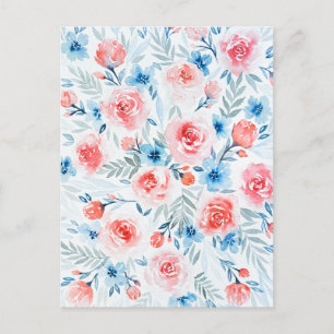 Rosa Rosen Blau Blumen Wasserfarben Blumen Postkarte