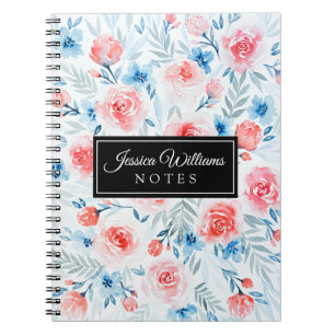 Rosa Rosen Blau Blumen Wasserfarbene Blumenmuster Notizblock