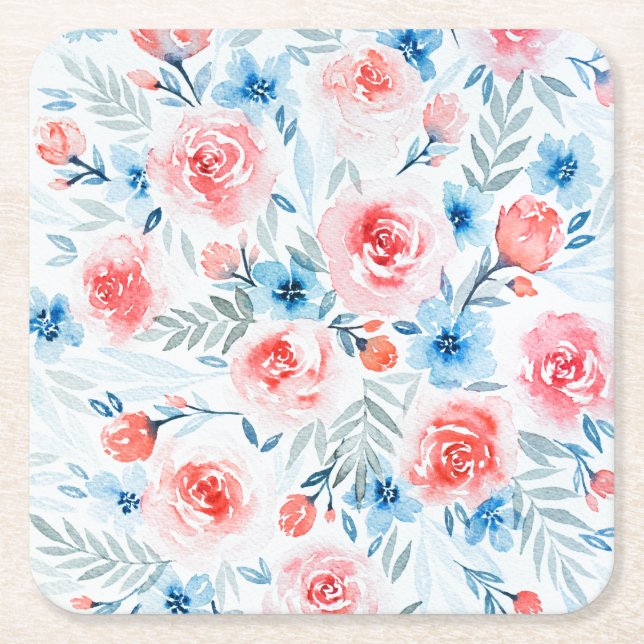 Rosa Rosen Blau Blumen Wasserfarbene Blumenmuster Rechteckiger Pappuntersetzer (Vorderseite)