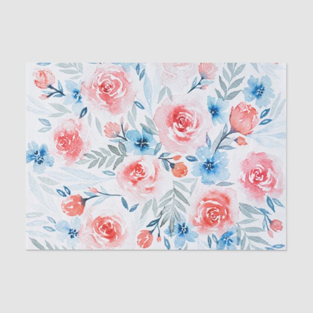 Rosa Rosen Blau Blumen Wasserfarbene Blumenmuster Seidenpapier (Vorderseite)