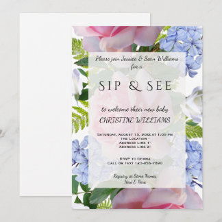 Rosa Rosen & Blauer Plumbago Sip & See Einladung