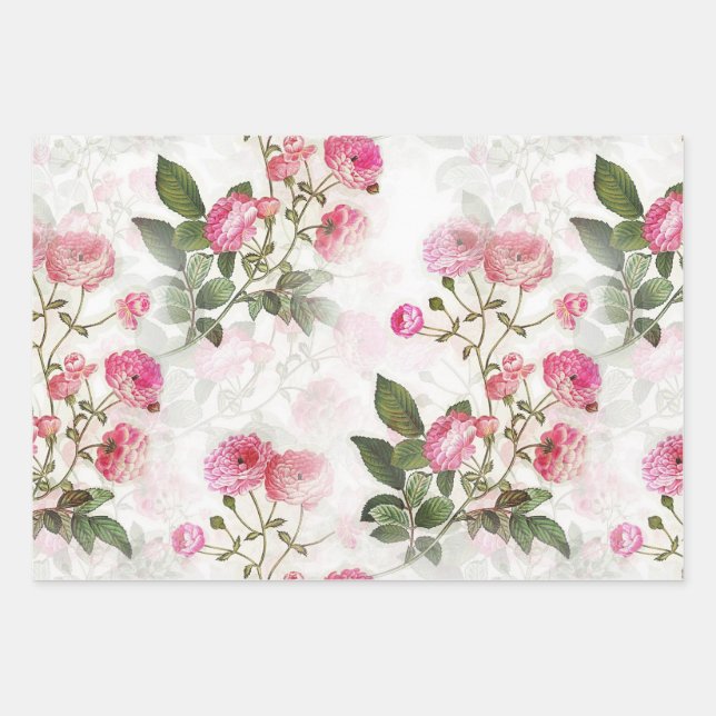 Rosa Rosen, blühend, Papier Set aus 3 Blättern (Vorderseite)