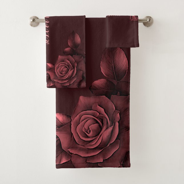 Rosa Rosen Blume Maroon Badhandtuch Set (Insitu)