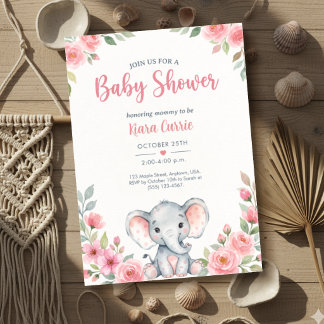 Rosa Rosen Blumen Elefant Baby Mädchen Shower Einladung