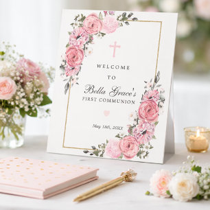 Rosa Rosen Blumen Erste Kommunion Willkommen Sockelschild