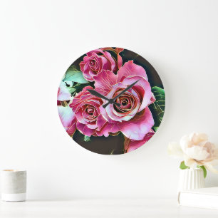 ROSA ROSEN BLUMEN GROßE WANDUHR