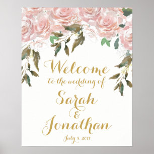 Rosa Rosen Blumen Hochzeit Willkommensschild Weiß Poster