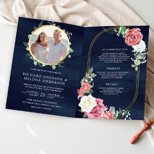 Rosa Rosen Blumen Navyblau Foto QR-Code Hochzeit Einladung