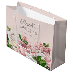 Rosa Rosen Blumen Silber Glitter Sweet 16 Große Geschenktüte