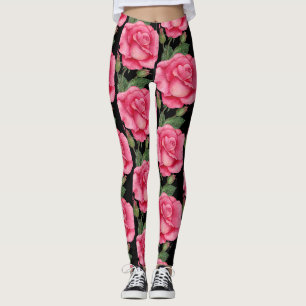 Rosa Rosen Blumenmuster Schwarzer Hintergrund Leggings
