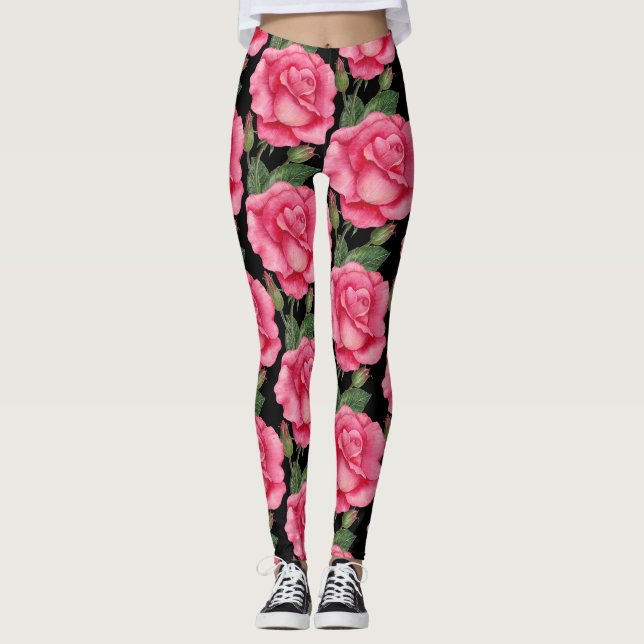 Rosa Rosen Blumenmuster Schwarzer Hintergrund Leggings (Vorderseite)