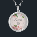 Rosa Rosen Blütenblättriger Glitzer Sweet 16 Versilberte Kette<br><div class="desc">Elegante Vintage botanische rot rosa Aquarellfarben Rose und grüne Blätter auf rosa Sweet 16 silberne Halskette mit glitzerndem silberner Glitzer. Kontaktieren Sie mich,  um Hilfe bei Ihren Anpassungen zu erhalten oder um zusätzliche Matching oder Koordination von Zazzle-Produkten für Ihr Party anzufordern.</div>