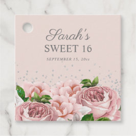 Rosa Rosen Blütensilber Glitzer Sweet 16 Geschenkanhänger