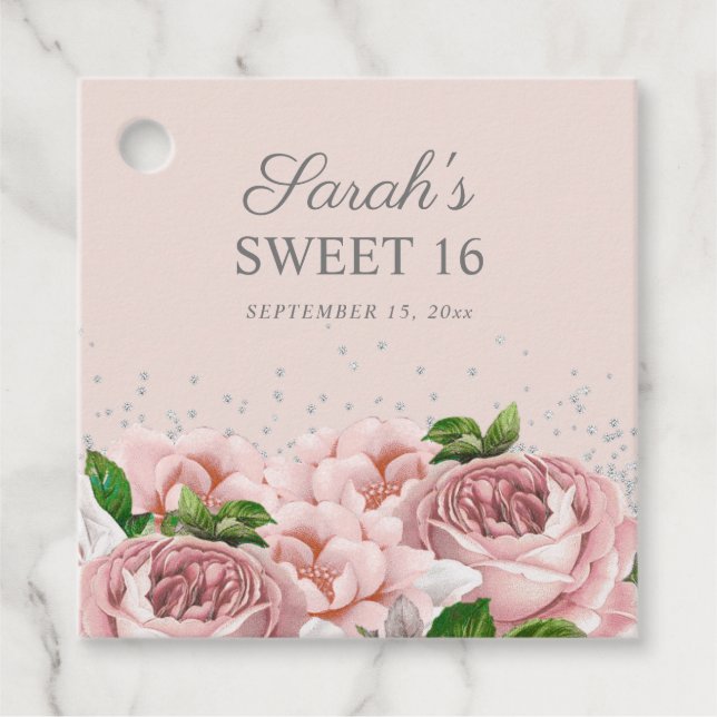 Rosa Rosen Blütensilber Glitzer Sweet 16 Geschenkanhänger (Vorderseite)